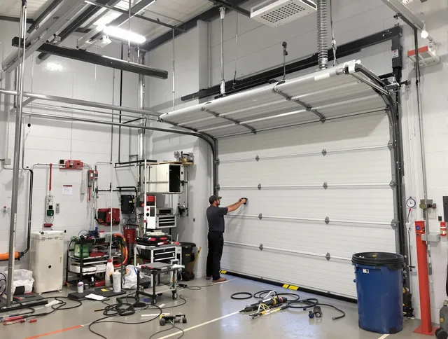 Uxbridge Garage Door Repair certified technician performing commercial door repair at a Uxbridge business facility