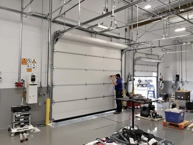 Commercial garage door repair being performed by Uxbridge Garage Door Repair expert in Uxbridge