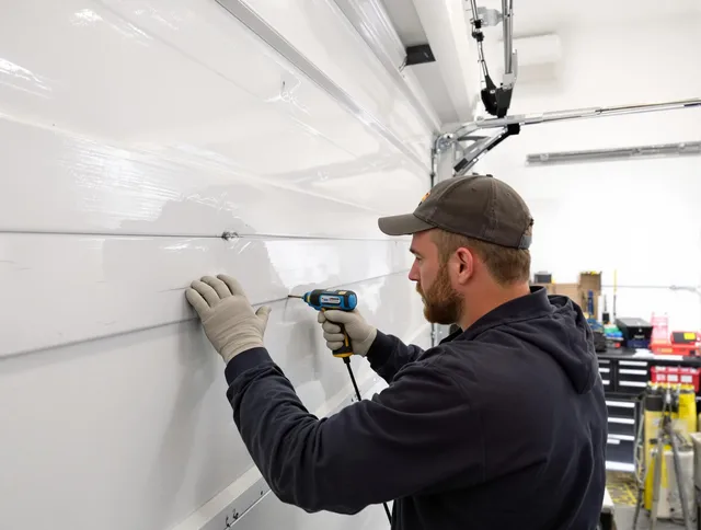 Uxbridge Garage Door Repair technician demonstrating precision dent removal techniques on a Uxbridge garage door