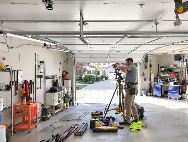 Uxbridge Garage Door Repair specialist performing laser-guided track alignment in Uxbridge